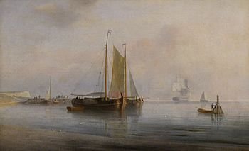 "Shipping on a Calm" Marine Oil Painting