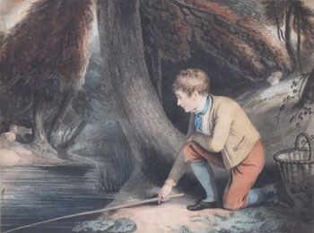 "A Boy Angling" and "A Boy Mending His Net" Pair of Old Prints