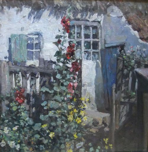 Frederick William Jackson "Hollyhocks at Runswick" Oil Painting