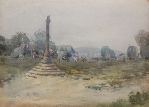 Whitby Watercolour by Joseph West "Old Cross and Gipsy Encampment, Abbey Plain, Whitby"