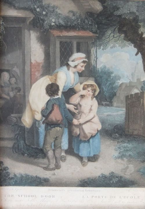 Francis Wheatley, Pair Old Prints "The School Door" and "The Cottage Door"