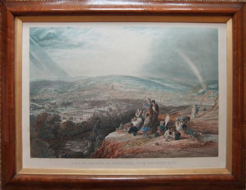 fig 1. An 1844 tinted lithograph depicting a panoramic view of Sheffield, Yorkshire, with figures seated in the foreground overlooking an industrial cityscape beneath a cloudy sky with a rainbow.