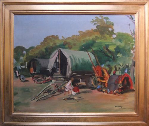 fig 1. An oil painting depicting a Traveller encampment with green and red caravans, figures seated on the ground, and dense green trees under a light sky.