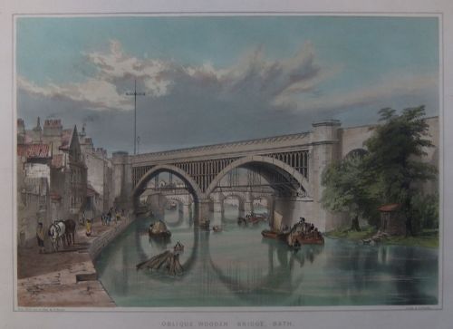 J.c.bourne "Oblique Wooden Bridge, Bath" Lithograph