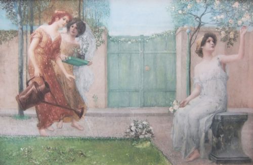 fig 1. An Art Nouveau allegorical print depicting three women in a garden, housed in a wide dark timber frame with brass floral corner mounts.