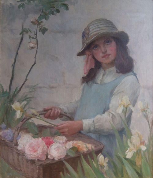 William Cave Day "Girl with Flowers" Oil Painting