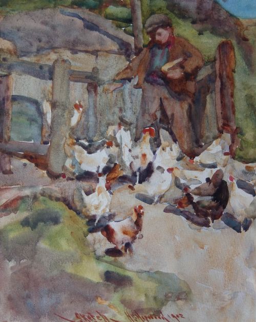 Henry Silkstone Hopwood Watercolour "Feeding the Hens"