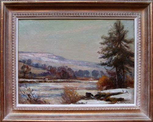 fig 1. An oil painting depicting a muted winter landscape in Swaledale featuring a pine tree beside a frozen river and snow-covered hills.