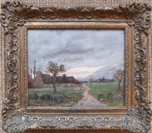 fig 1. An impressionist oil painting on canvas titled Eventide, depicting a winding dirt path beside a thatched cottage with geese in a field under a cloudy dusk sky.
