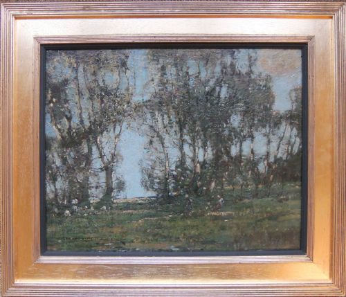 fig 1. An impressionist oil painting on wood panel depicting a meadow with tall wispy trees against a pale grey-blue sky, rendered in muted green and earthy tones.