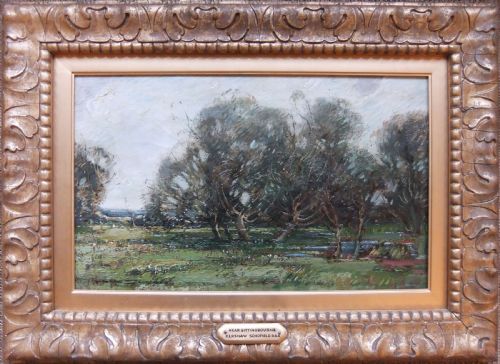 fig 1. An impressionist oil painting depicting windswept trees across a grassy field under a pale grey sky.