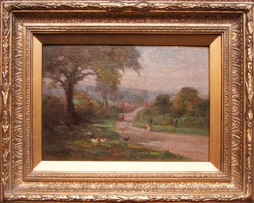 fig 1. An antique impressionistic oil painting depicting a winding dirt path leading toward a rural village with chickens foraging in the foreground.