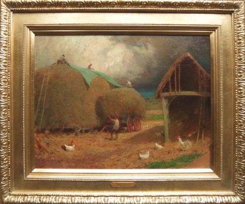 fig 1. An oil painting depicting farm workers securing green tarpaulins over haystacks beneath a darkening stormy sky, with chickens in the foreground.