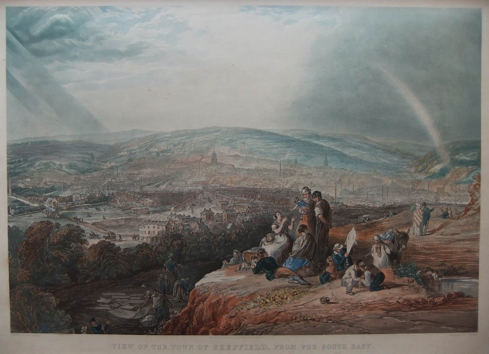 An 1844 tinted lithograph depicting a panoramic view of Sheffield, Yorkshire, with figures seated in the foreground overlooking an industrial cityscape beneath a cloudy sky with a rainbow.