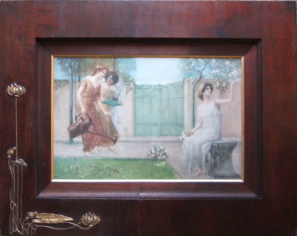 An Art Nouveau allegorical print depicting three women in a garden, housed in a wide dark timber frame with brass floral corner mounts.