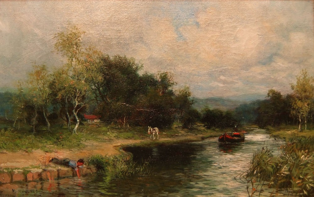 An antique oil painting depicting a river scene near Marple with a barge, trees, and figures along the bank.