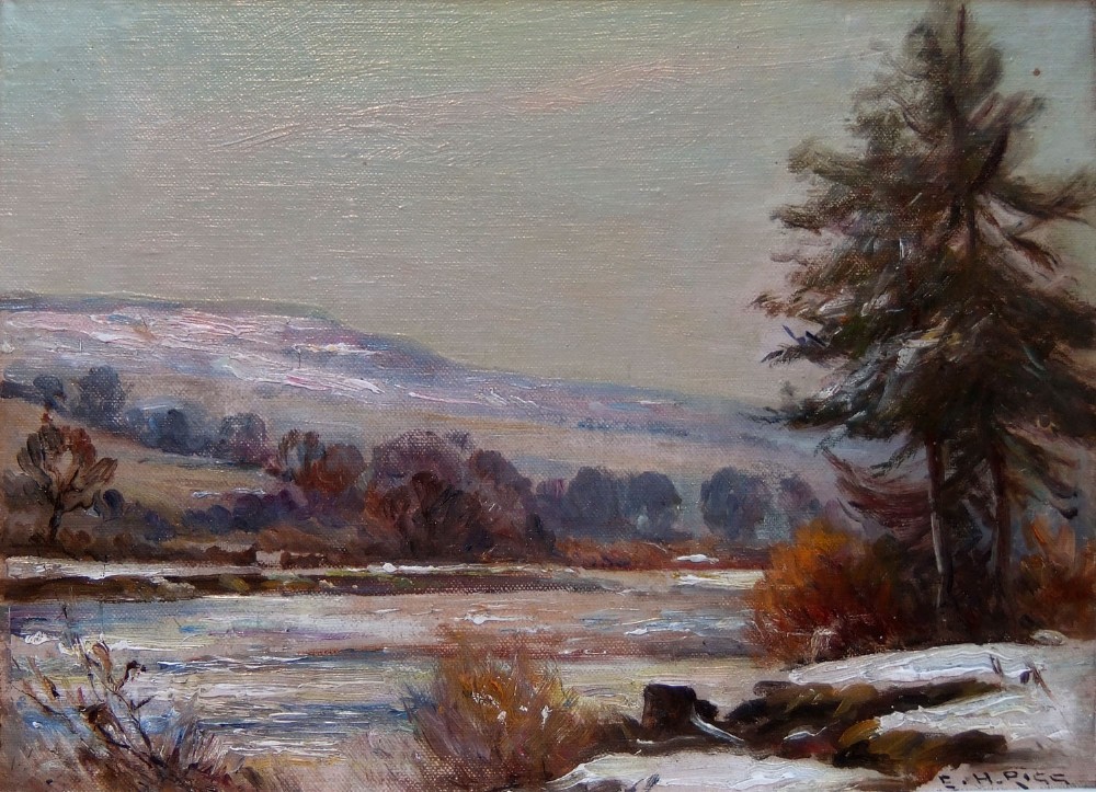 An oil painting depicting a muted winter landscape in Swaledale featuring a pine tree beside a frozen river and snow-covered hills.