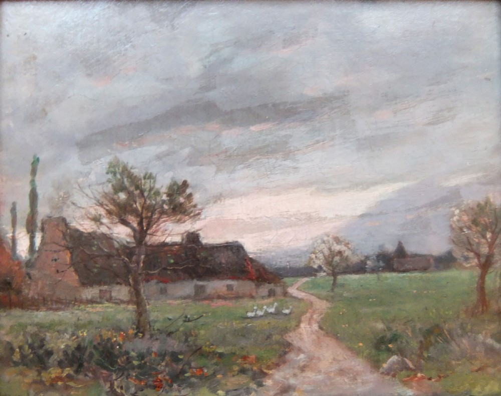 An impressionist oil painting on canvas titled Eventide, depicting a winding dirt path beside a thatched cottage with geese in a field under a cloudy dusk sky.