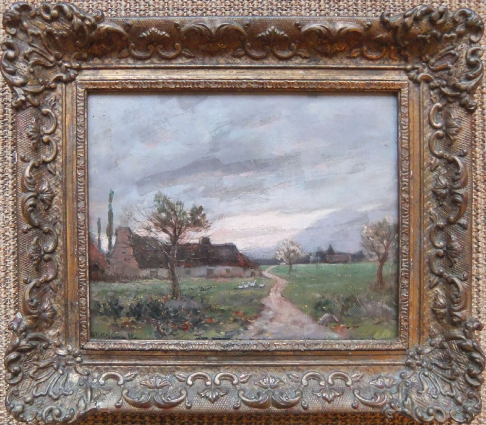 An impressionist oil painting on canvas titled Eventide, depicting a winding dirt path beside a thatched cottage with geese in a field under a cloudy dusk sky. View II