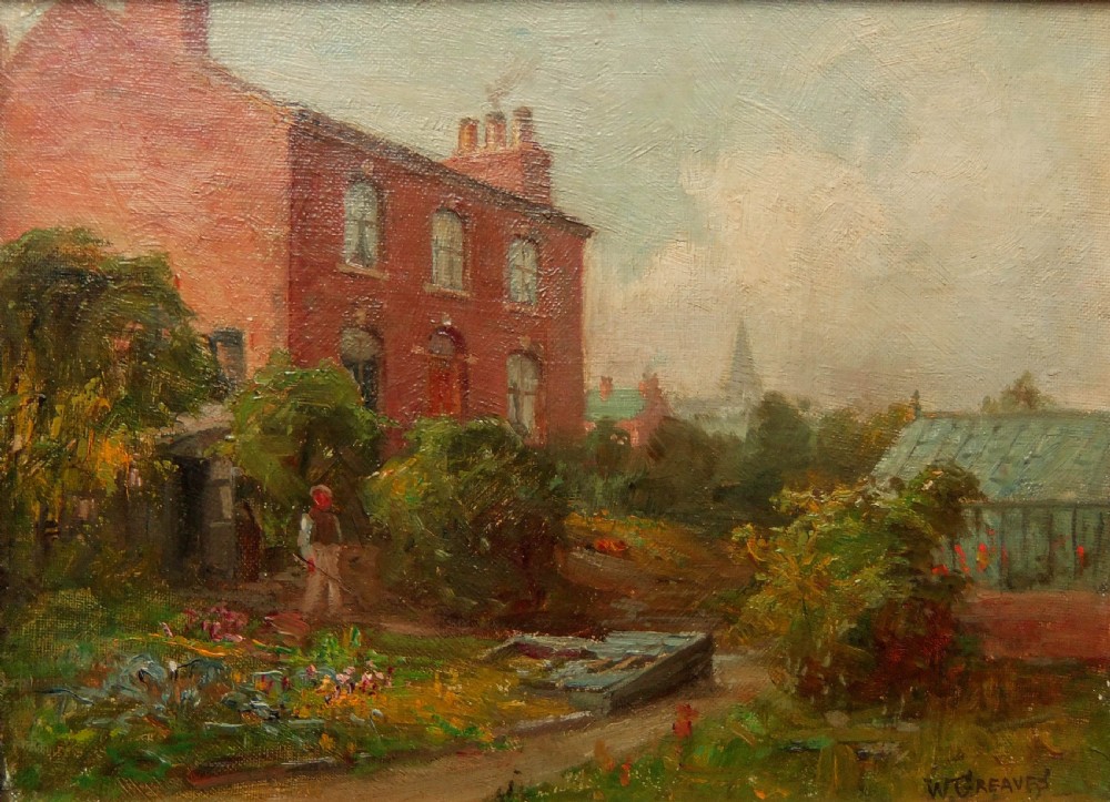 An impressionist oil painting depicting a red brick farm building with a garden path and green foliage, signed by artist W. Greaves.