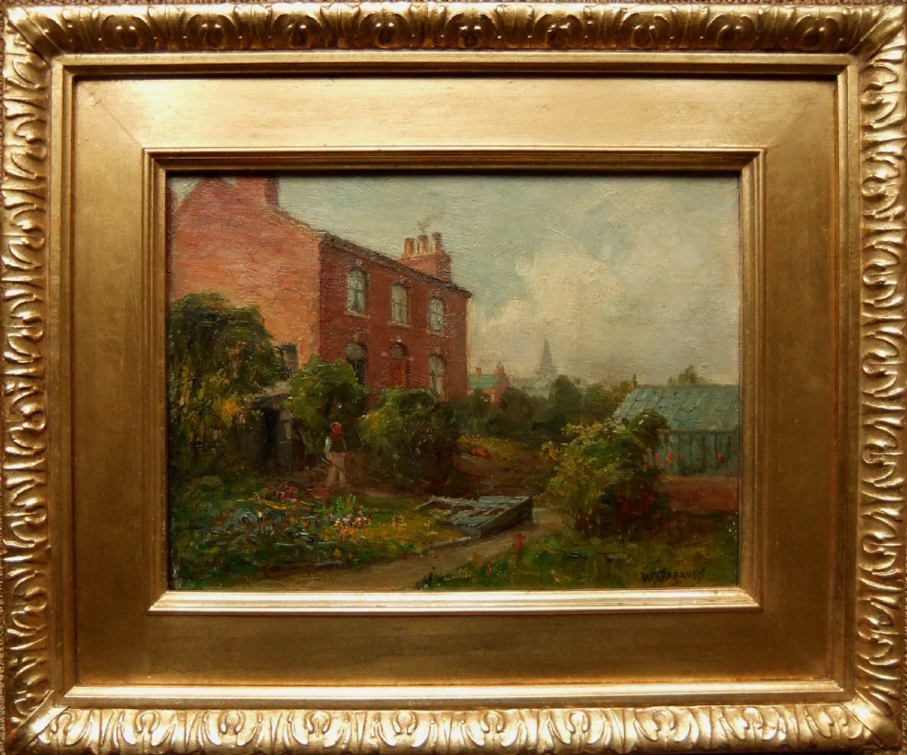 An impressionist oil painting depicting a red brick farm building with a garden path and green foliage, signed by artist W. Greaves. View II