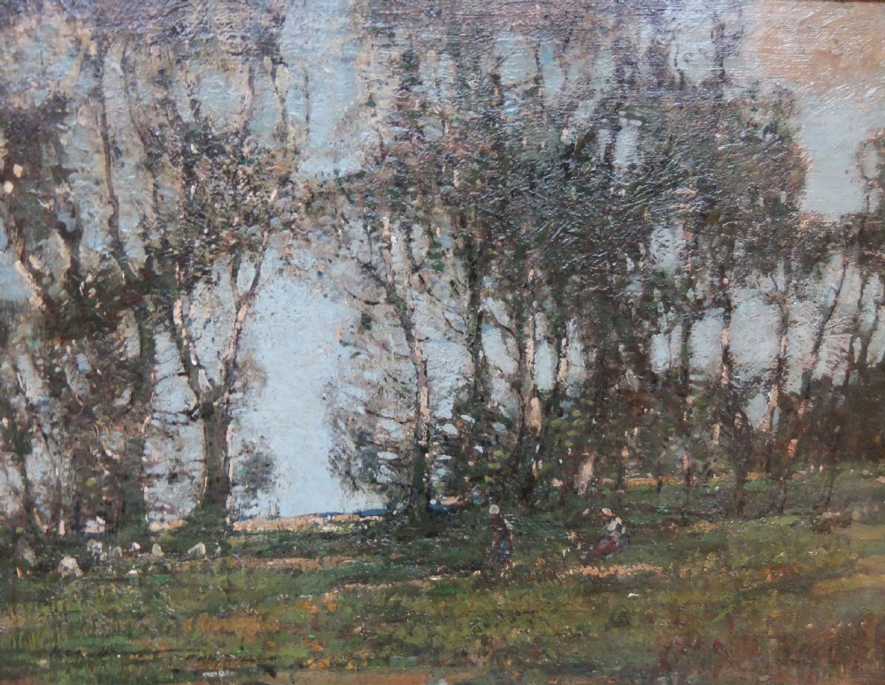 An impressionist oil painting on wood panel depicting a meadow with tall wispy trees against a pale grey-blue sky, rendered in muted green and earthy tones.