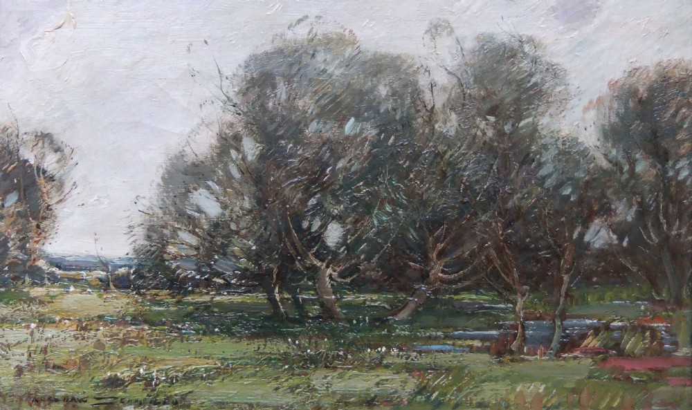 An impressionist oil painting depicting windswept trees across a grassy field under a pale grey sky.