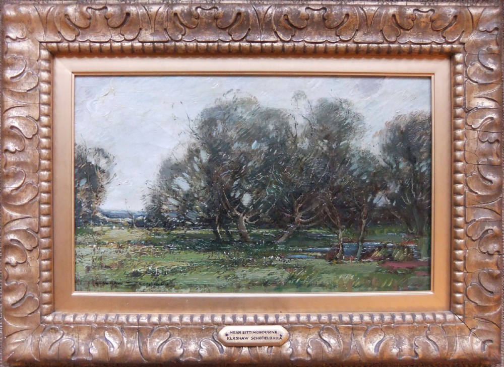 An impressionist oil painting depicting windswept trees across a grassy field under a pale grey sky. View II