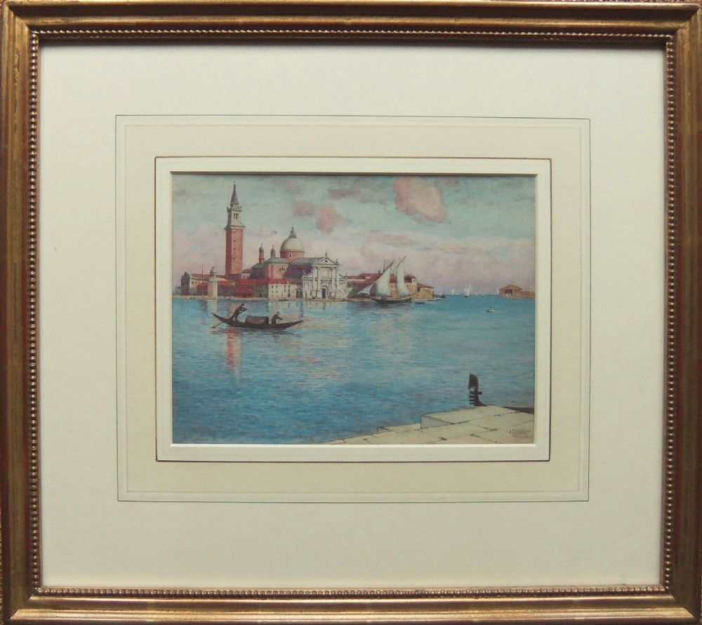 An antique watercolour painting depicting the Venetian lagoon and San Giorgio Maggiore under a pale pink and blue sky with gondolas in the foreground. View II