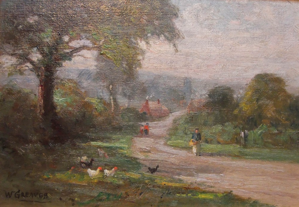 An antique impressionistic oil painting depicting a winding dirt path leading toward a rural village with chickens foraging in the foreground.