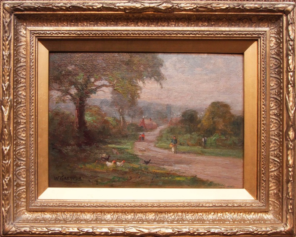An antique impressionistic oil painting depicting a winding dirt path leading toward a rural village with chickens foraging in the foreground. View II