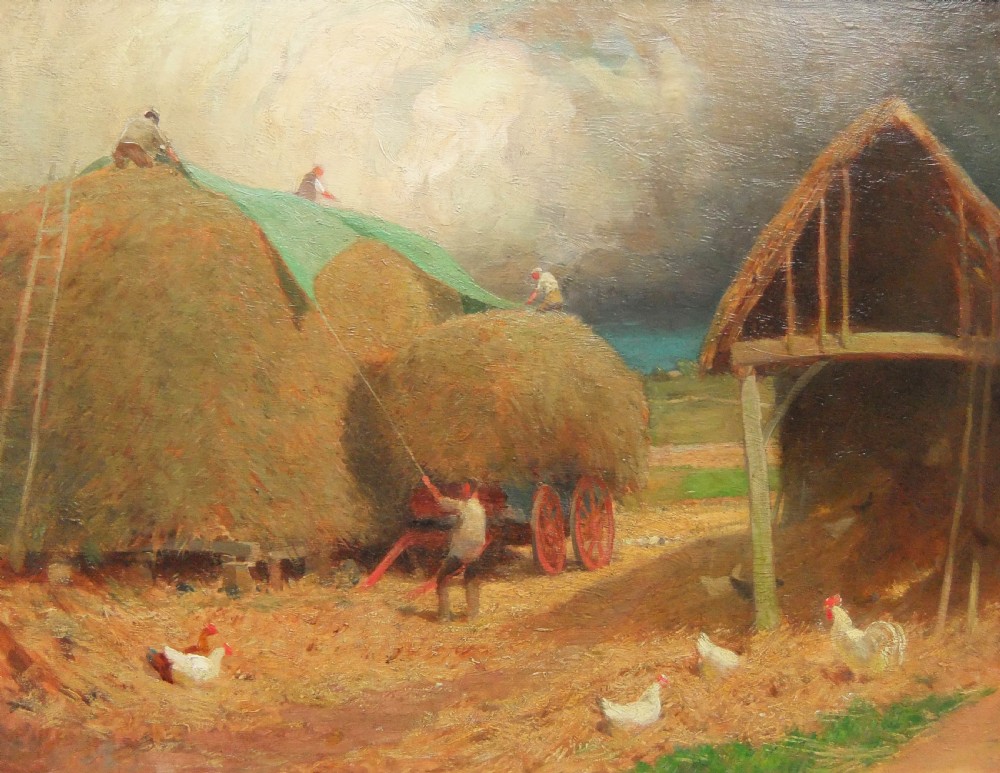 An oil painting depicting farm workers securing green tarpaulins over haystacks beneath a darkening stormy sky, with chickens in the foreground.