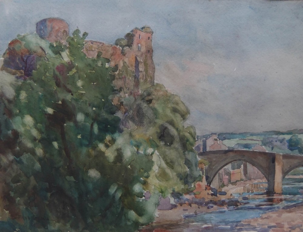 A watercolour painting depicting Barnard Castle atop a wooded cliff beside a multi-arched stone bridge spanning a river.