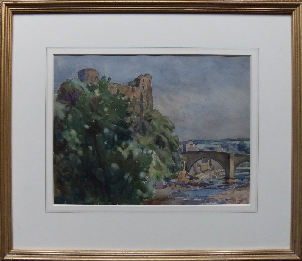 A watercolour painting depicting Barnard Castle atop a wooded cliff beside a multi-arched stone bridge spanning a river. View II