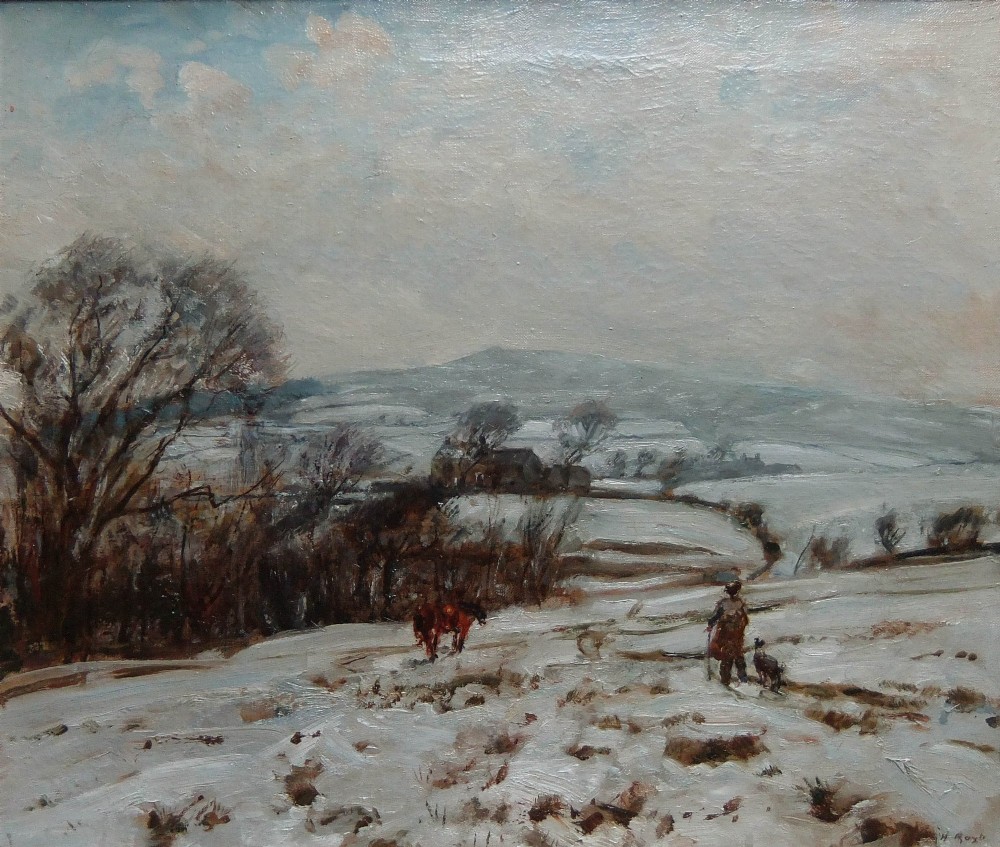 An oil painting depicting a snow-covered hill landscape in Yorkshire with a figure, dog, and horse in the foreground under a grey winter sky.