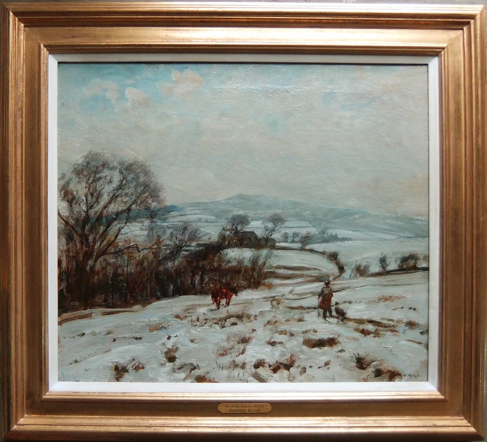 An oil painting depicting a snow-covered hill landscape in Yorkshire with a figure, dog, and horse in the foreground under a grey winter sky. View II