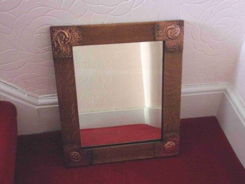 Arts and Crafts Oak Mirror with Celtic Knot Copper Decorations C.1910