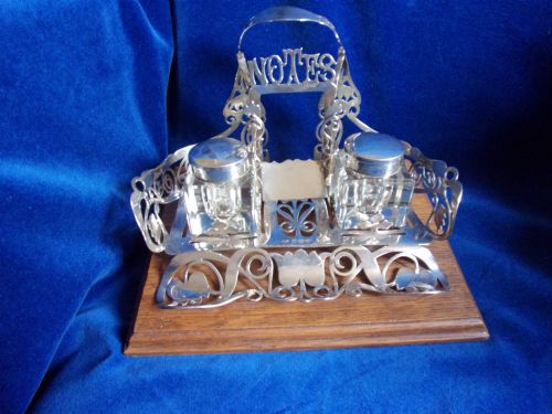 Edwardian Hand Fretted Silver Standish on Oak Base