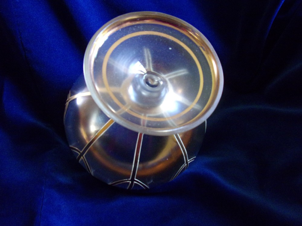 An Art Nouveau footed glass vase featuring a wide gilded collar, hand-painted purple enamel bellflowers, green foliage, and geometric lower panelling. View V