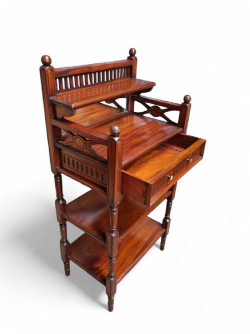 ANTIQUE VICTORIAN MAHOGANY WHATNOT WITH MIRROR AND DRAWER C1880 - ADDITIONAL PHOTO 2