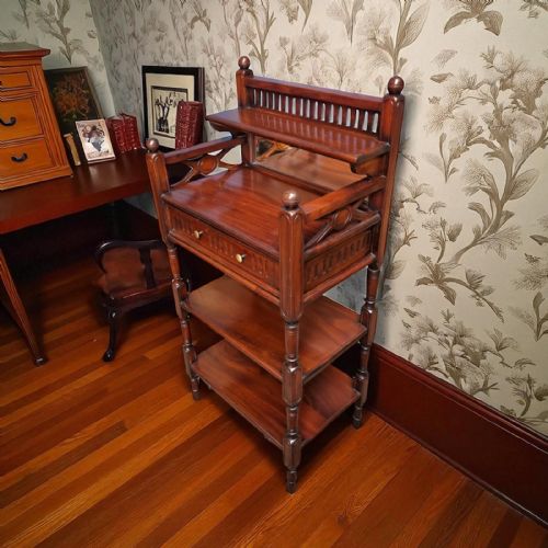 ANTIQUE VICTORIAN MAHOGANY WHATNOT WITH MIRROR AND DRAWER C1880 - ADDITIONAL PHOTO 3