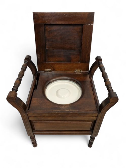 ANTIQUE EDWARDIAN MAHOGANY COMMODE CHAIR ORIGINAL PORCELAIN INSERT EARLY 20TH CENTURY - ADDITIONAL PHOTO 4