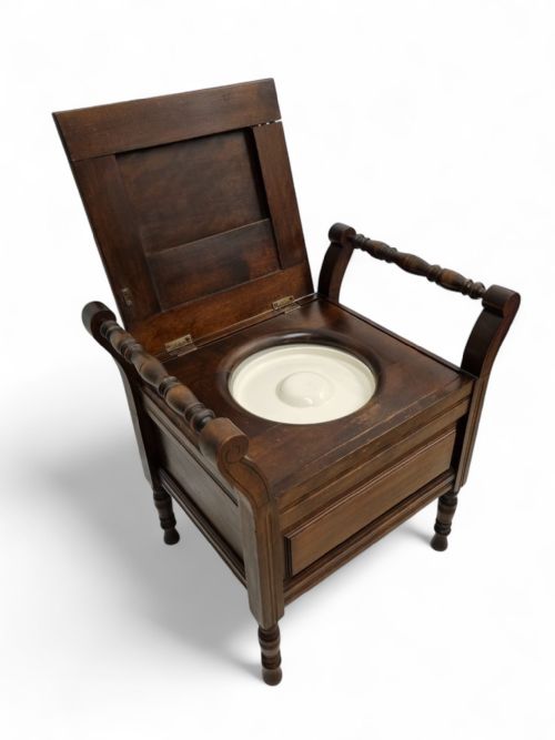 ANTIQUE EDWARDIAN MAHOGANY COMMODE CHAIR ORIGINAL PORCELAIN INSERT EARLY 20TH CENTURY - ADDITIONAL PHOTO 5