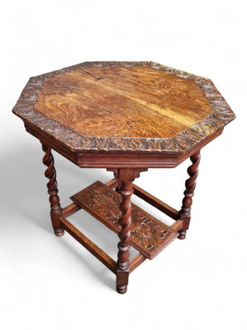 ANTIQUE EDWARDIAN SIX SIDED TOP CARVING OCCASIONAL TABLE - ADDITIONAL PHOTO 3