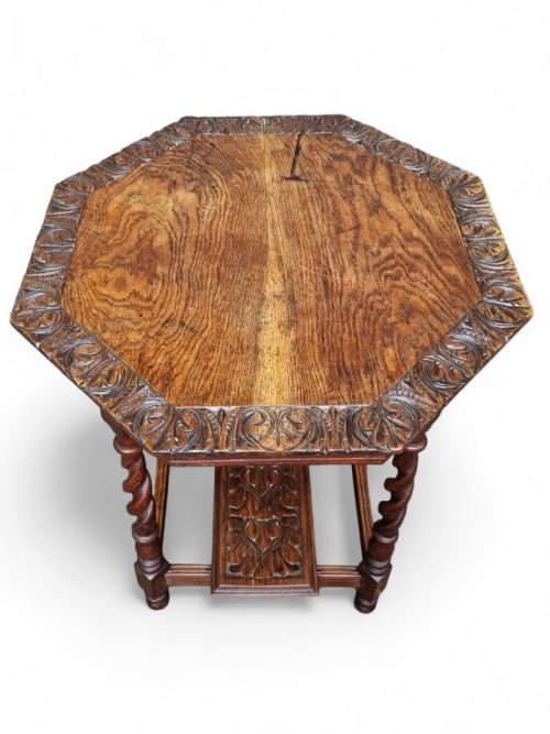 ANTIQUE EDWARDIAN SIX SIDED TOP CARVING OCCASIONAL TABLE - ADDITIONAL PHOTO 4