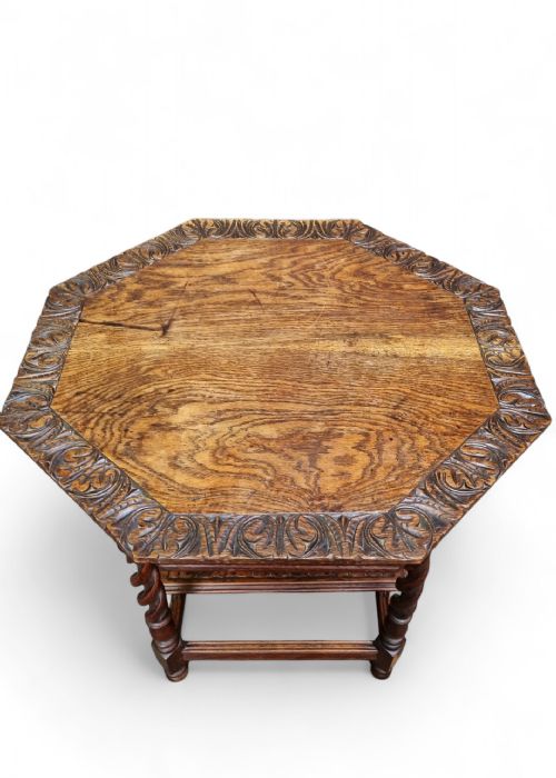 ANTIQUE EDWARDIAN SIX SIDED TOP CARVING OCCASIONAL TABLE - ADDITIONAL PHOTO 5
