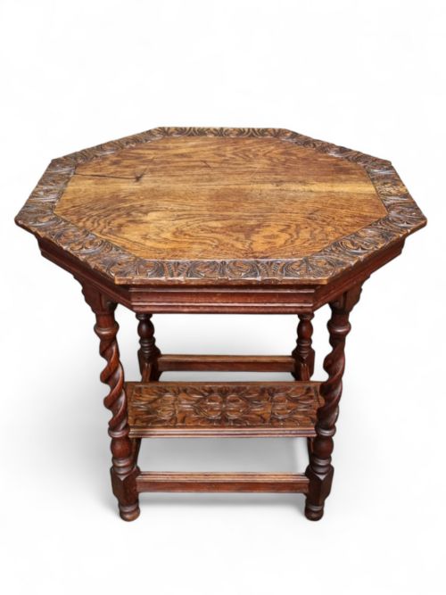 ANTIQUE EDWARDIAN SIX SIDED TOP CARVING OCCASIONAL TABLE - ADDITIONAL PHOTO 6