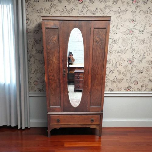 antique edwardian oak wardrobe mirror door - CATEGORY: ANTIQUE WARDROBES - DATED EDWARDIAN