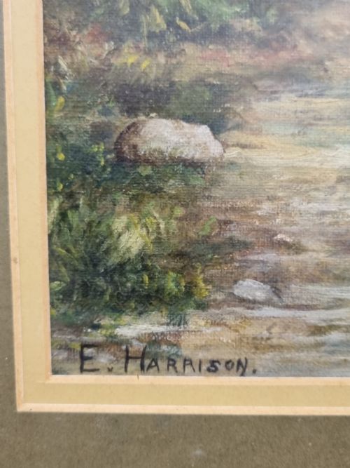 ANTIQUE OIL ON CANVAS LANDSCAPE PAINTING SIGNED E HARRISON - ADDITIONAL PHOTO 3