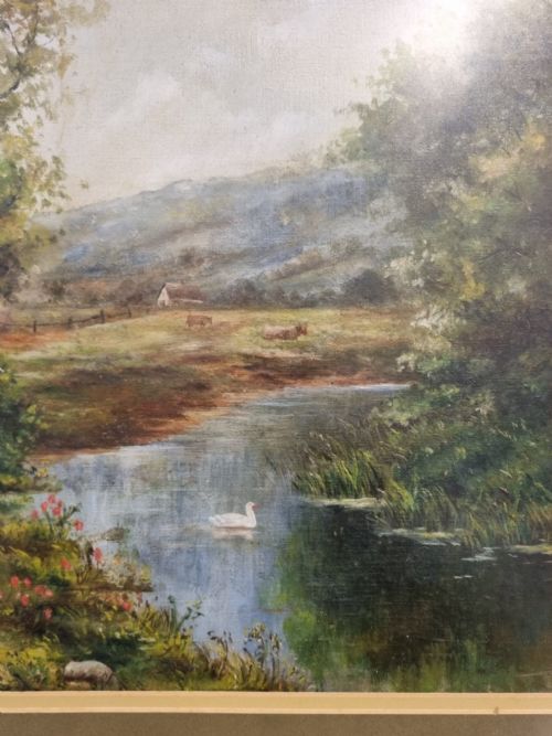 ANTIQUE OIL ON CANVAS LANDSCAPE PAINTING SIGNED E HARRISON - ADDITIONAL PHOTO 7